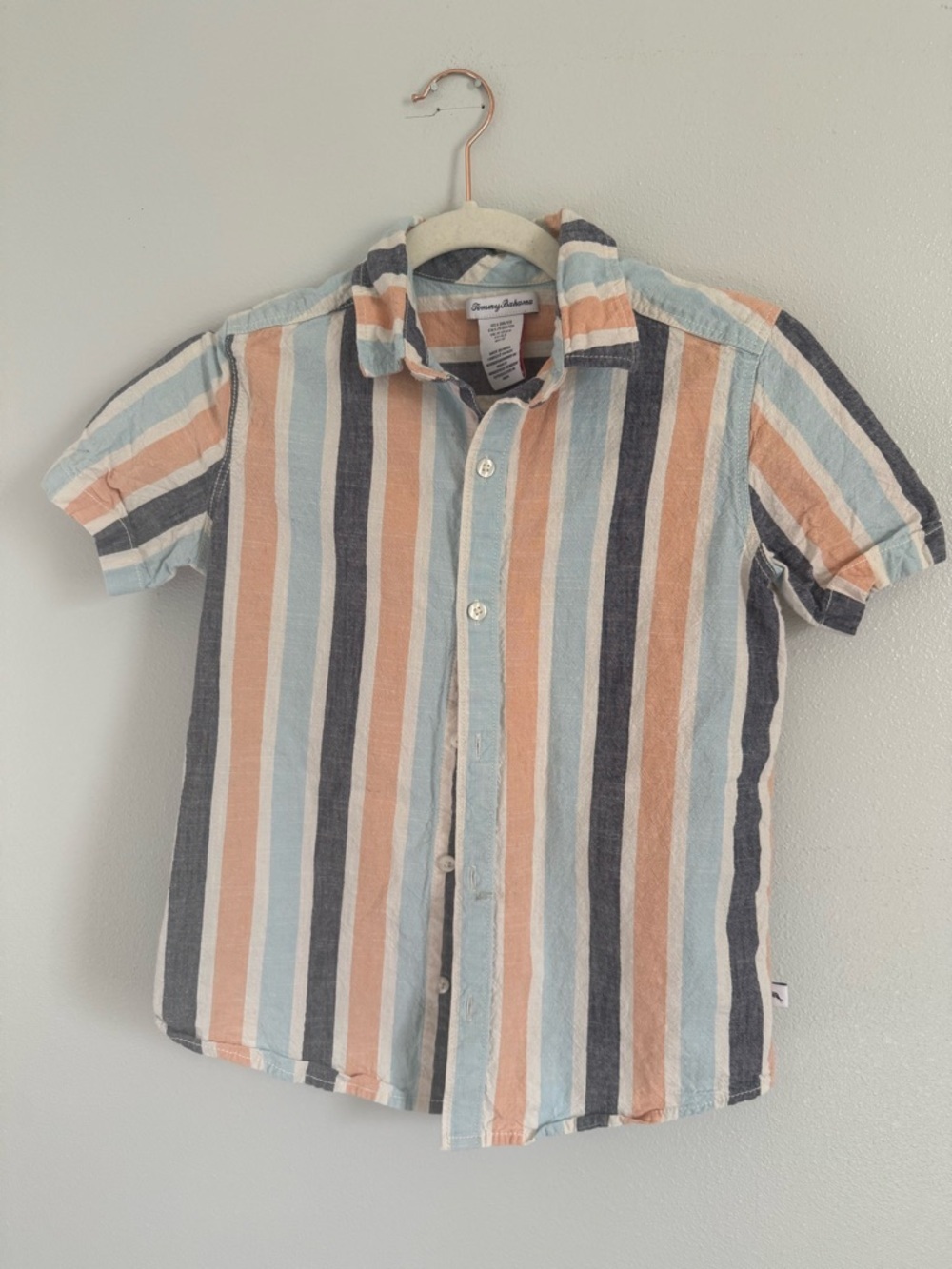 100% cotton Tommy Bahama Boys Short Sleeve Stripe Shirt - Blue, Coral & Navy YL